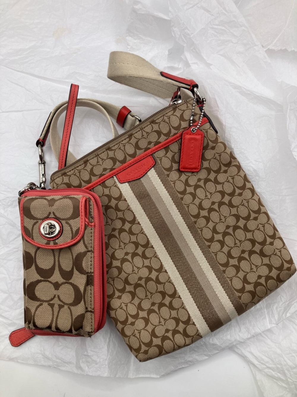 SET Coach Signature Stripe Crossbody Bag in Brown with Coral Trim